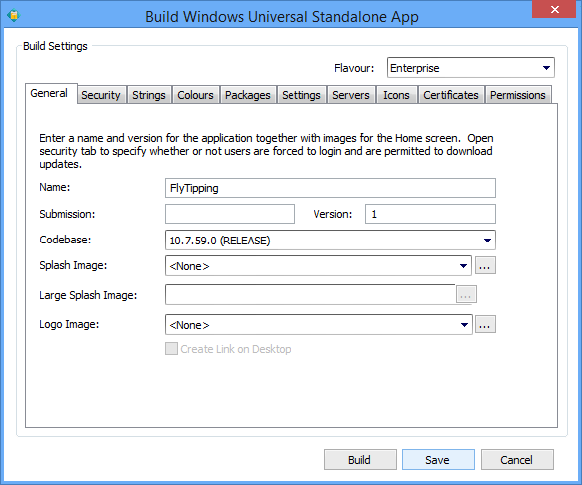 Picture showing an example of the Build ... Standalone App dialog box.